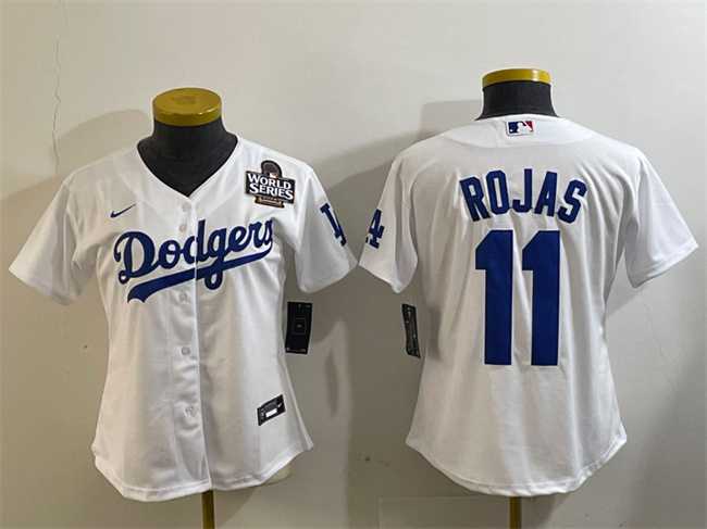 Womens Los Angeles Dodgers #11 Miguel Rojas White 2024 World Series Cool Base Stitched Baseball Jersey